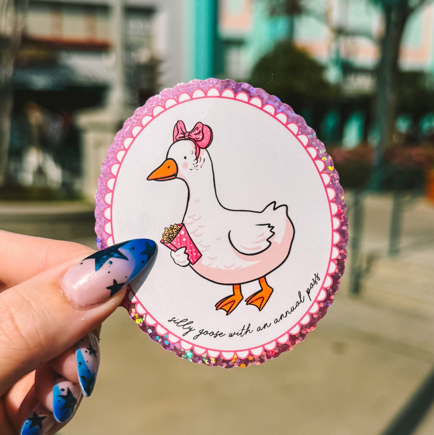 Silly Goose With An Annual Pass Pink Glitter Sticker