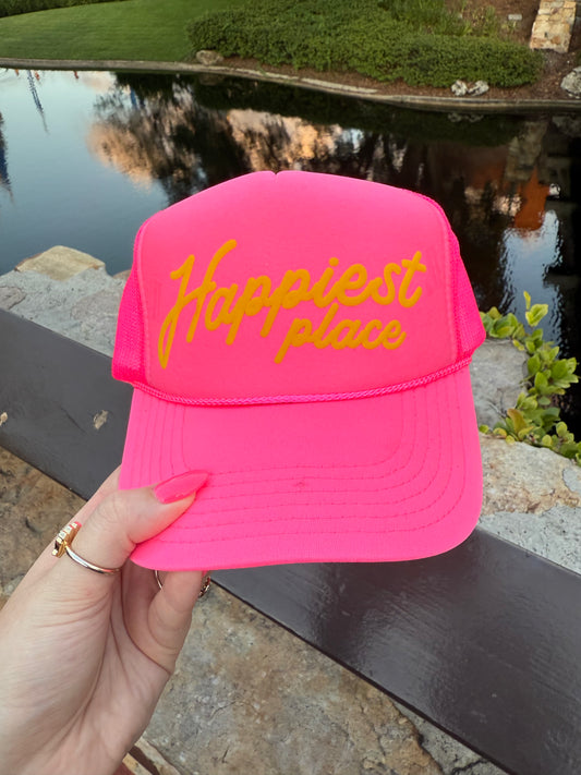 Happiest Place Puff Print Hot Pink Trucker Hat